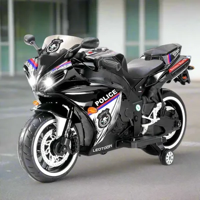 World On Wheels | R1 Police Bike for Kids | 12V Ride-On with Hand Accelerator & LED Lights | USB/MP3 | BIS Certified | Metallic Black (3-8 Years)