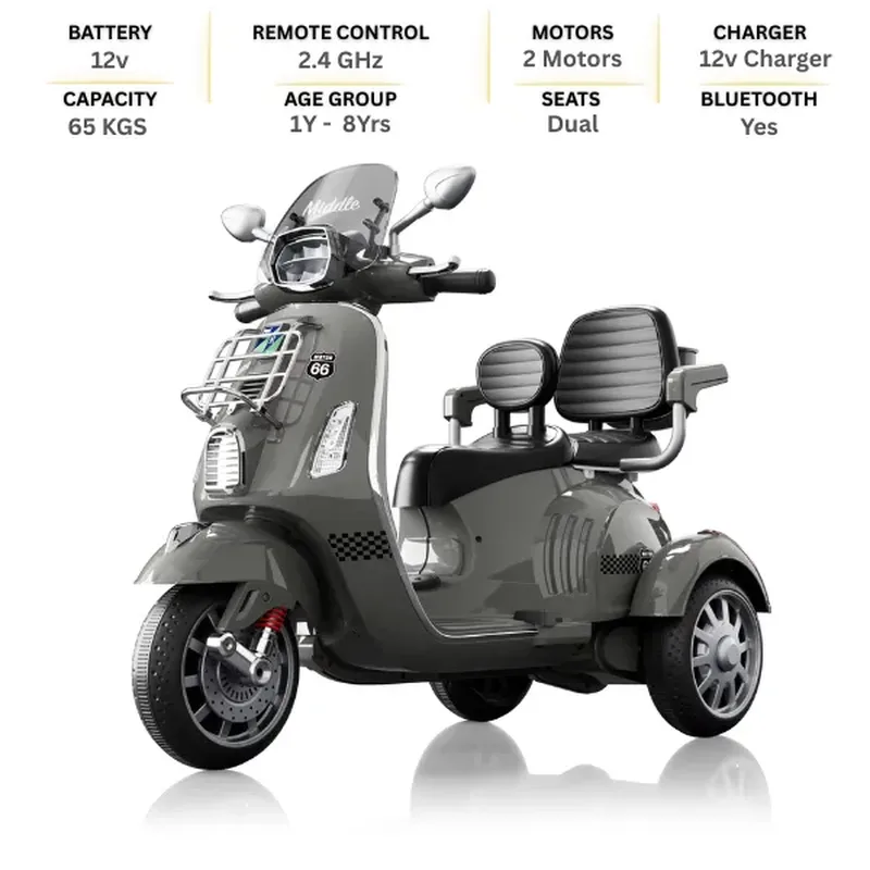 World On Wheels 1389 – Kids 2-Seater Ride-On Moped Bike (3-Wheel Scooter Style)