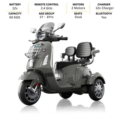 World On Wheels 1389 – Kids 2-Seater Ride-On Moped Bike (3-Wheel Scooter Style)