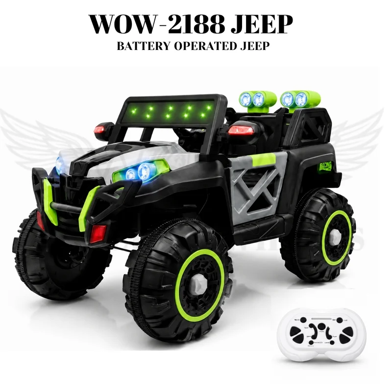 World on Wheels Thunder -2188 4x4 Battery Operated Ride-On Jeep for Kids with Remote Control, LED Lights & Double Seat – Grey/Green