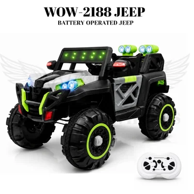 World on Wheels Thunder -2188 4x4 Battery Operated Ride-On Jeep for Kids with Remote Control, LED Lights & Double Seat – Grey/Green