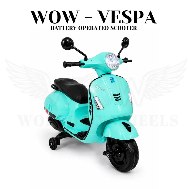 World on Wheels Vespa Style Battery Operated Ride-On Scooter for Kids with Music, LED Lights & Training Wheels – Mint Green