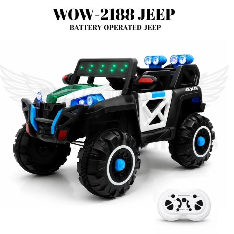 World on Wheels WOW THUNDER 2188 | Battery Operated Ride-On Jeep for Kids with Remote Control, LED Lights & Music – White/Blue