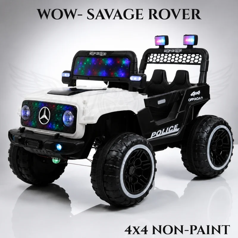 World on Wheels Savage Rover 4x4 Battery Operated Ride-On Jeep for Kids with Remote Control – White